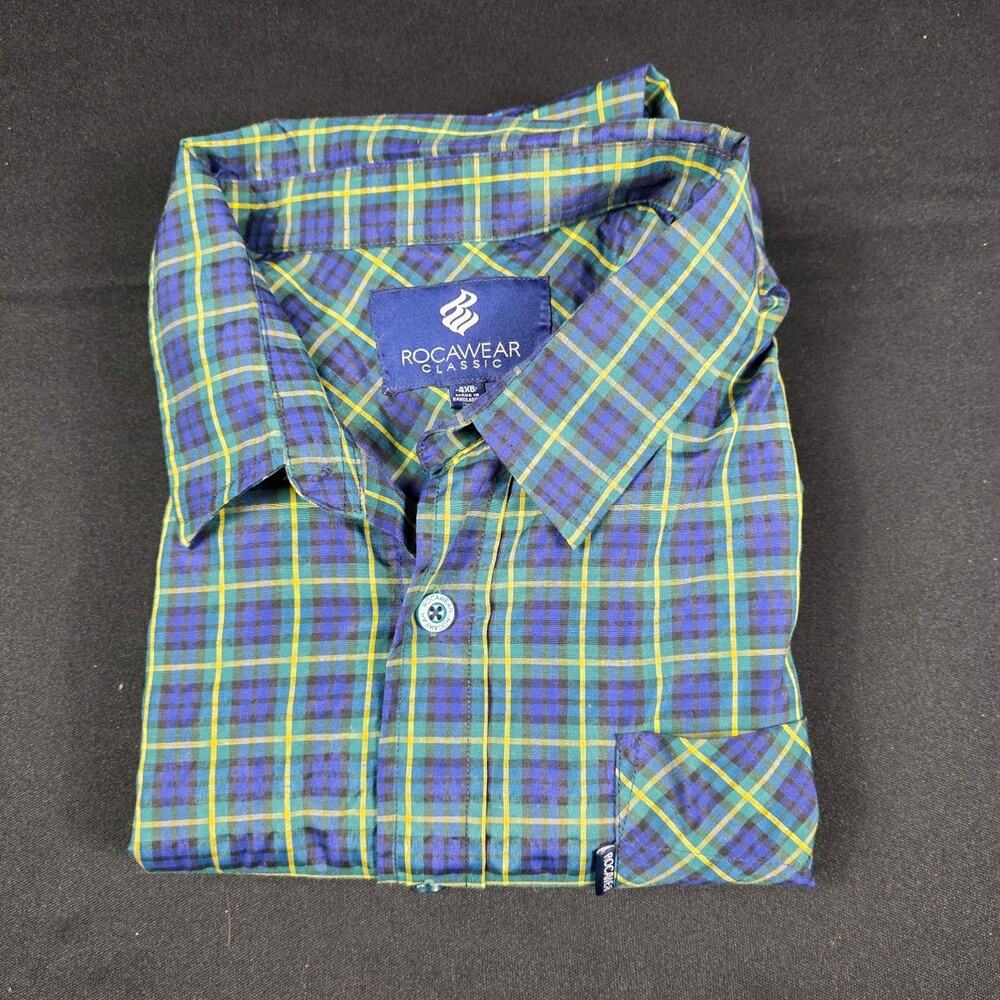 ROCAWEAR CLASSIC Men's Casual Button-Up Shirt Blue Green Yellow Plaid 4XB